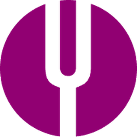 A magenta circle split by a tuning fork.