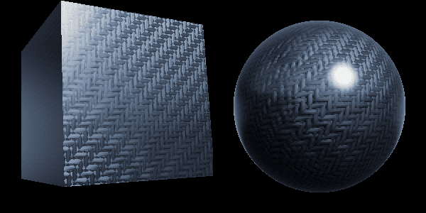 Carbon fibre before the clear-coat fix: a cube face washed with silver and a sphere with one large white highlight blob