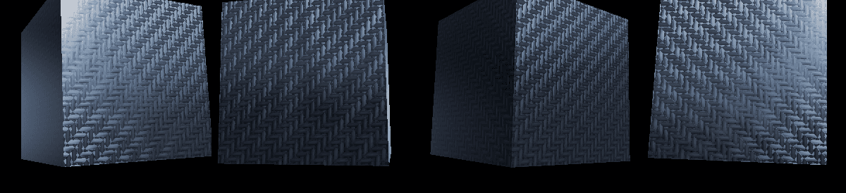 The rebuilt carbon fibre shader on a cube at four angles — the same woven twill on every face