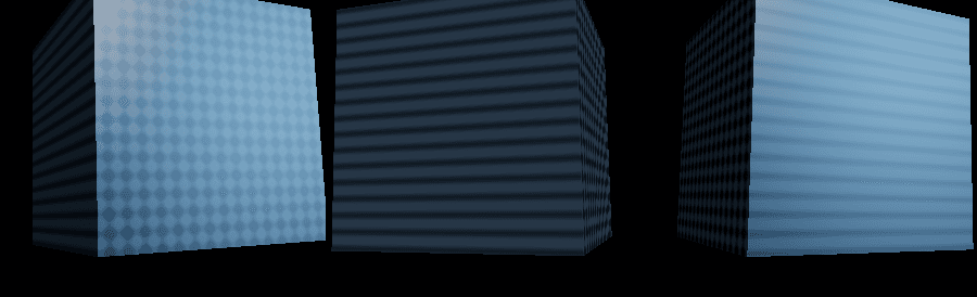 The old carbon fibre shader on a cube at three angles — a grid on two faces, plain diagonal stripes on the rest
