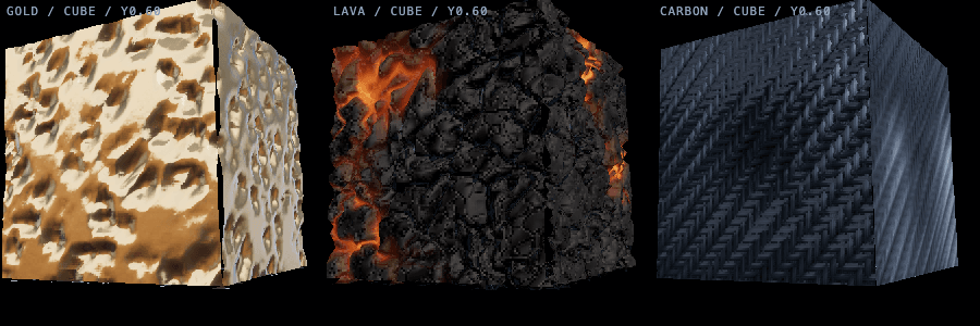 The same three cubes with vertex displacement — the edges are now chewed up by the dents, fissures and weave