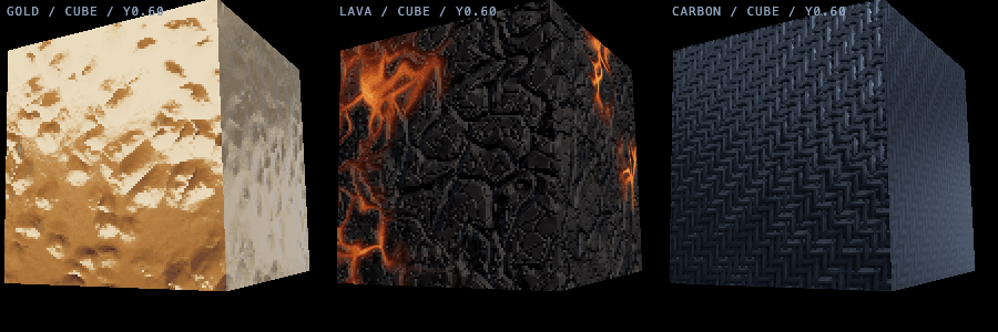 Gold, lava and carbon fibre cubes with bump mapping only — heavily textured faces but perfectly straight edges