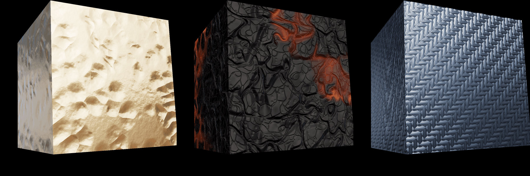 Gold, lava and carbon fibre cubes with bump mapping only — textured faces but perfectly straight edges