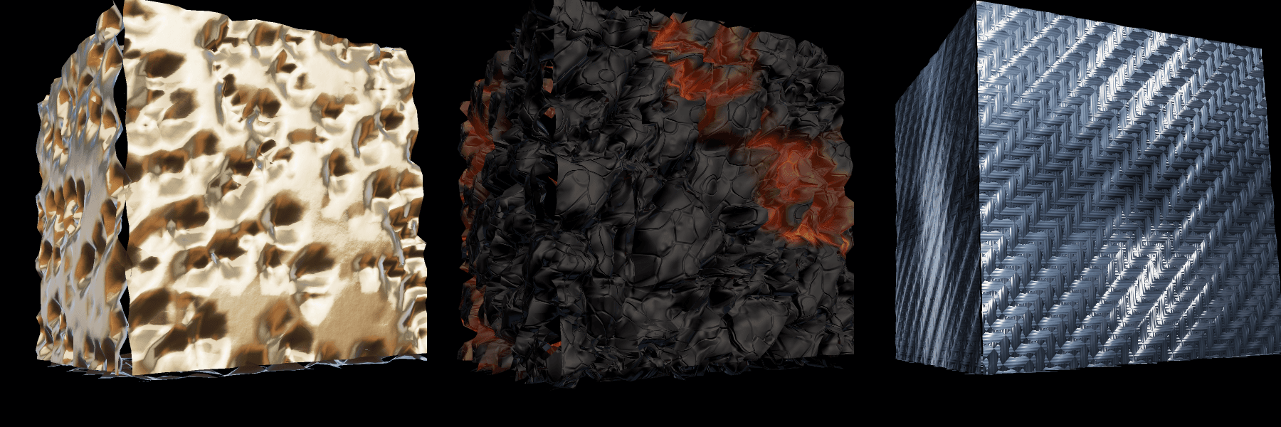 The same three cubes displaced with each face pushing its own way — the gold and lava cubes split open along their edges