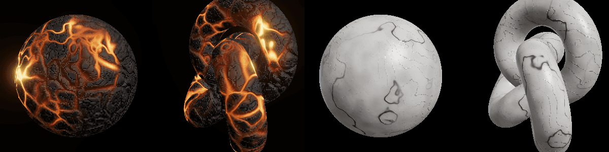 Lava and marble after the rework: a dark vesicular basalt crust with molten seams, and mottled stone with braided veins