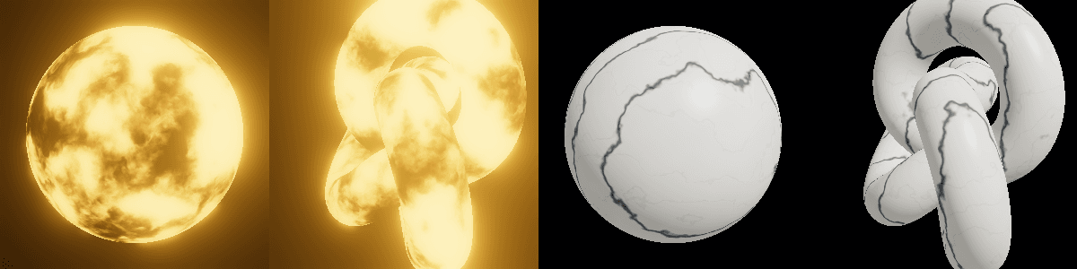 Lava and marble as first written: a uniformly glowing yellow sphere and torus knot, and a flat white sphere and torus knot with dark drawn cracks
