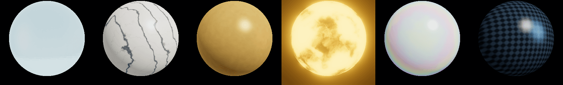 All six materials as first written: glass, marble, gold, lava, pearl and carbon fibre spheres, mostly flat or plastic-looking