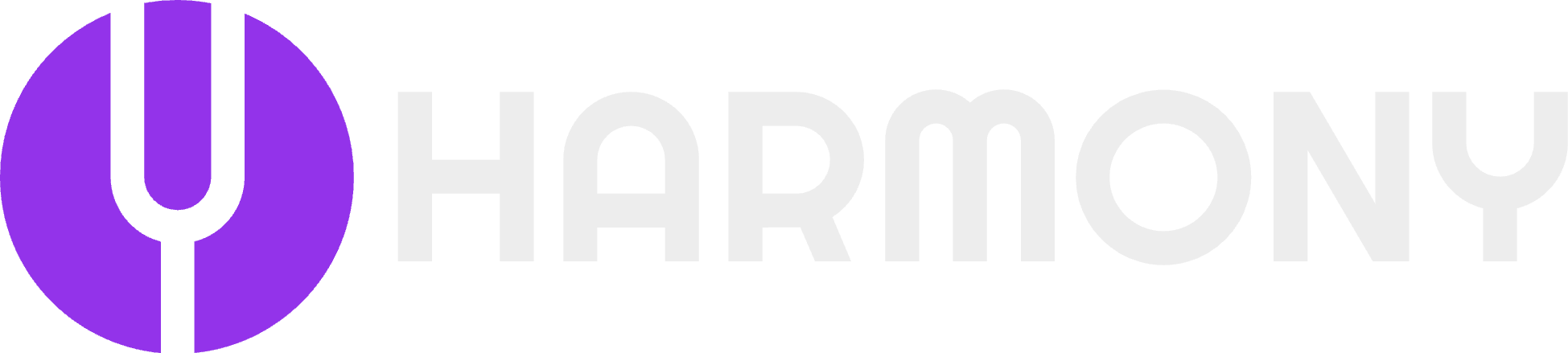The final Harmony logo: a purple circle with a tuning-fork cutout, beside the HARMONY wordmark in white.