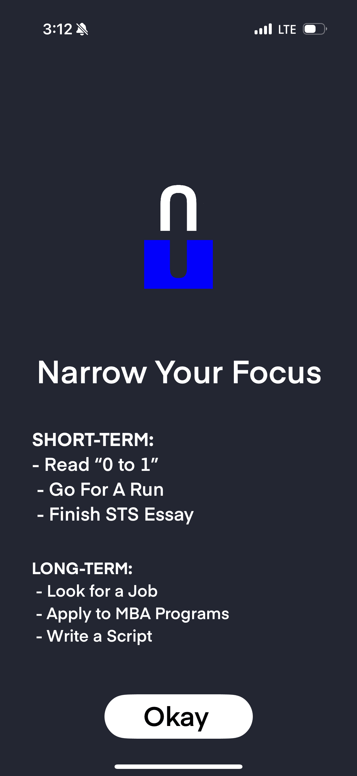 Mockup of UBlock's App Shield listing the user's short-term and long-term goals under “Narrow Your Focus”, with a single Okay button