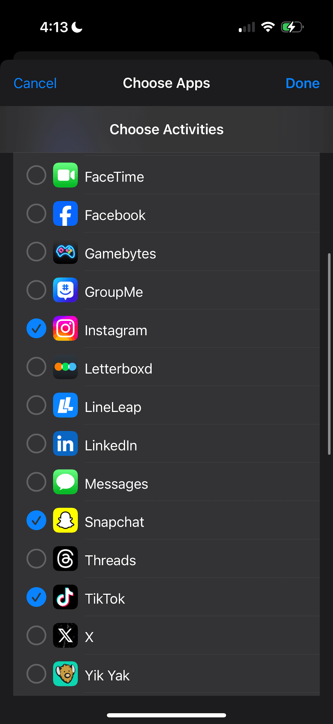 Choose Apps sheet listing installed apps with Instagram, Snapchat and TikTok selected