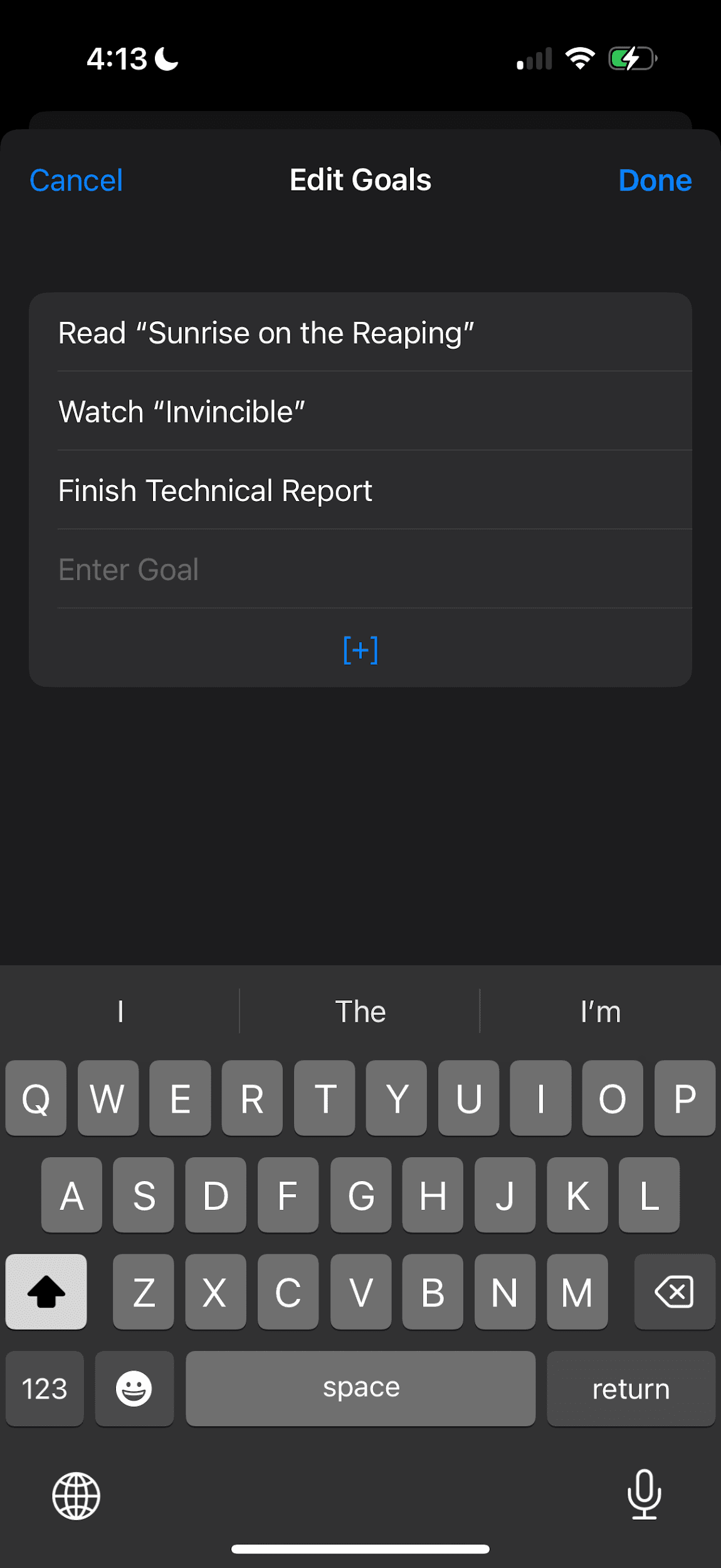 Edit Goals sheet where the user types custom productive alternatives