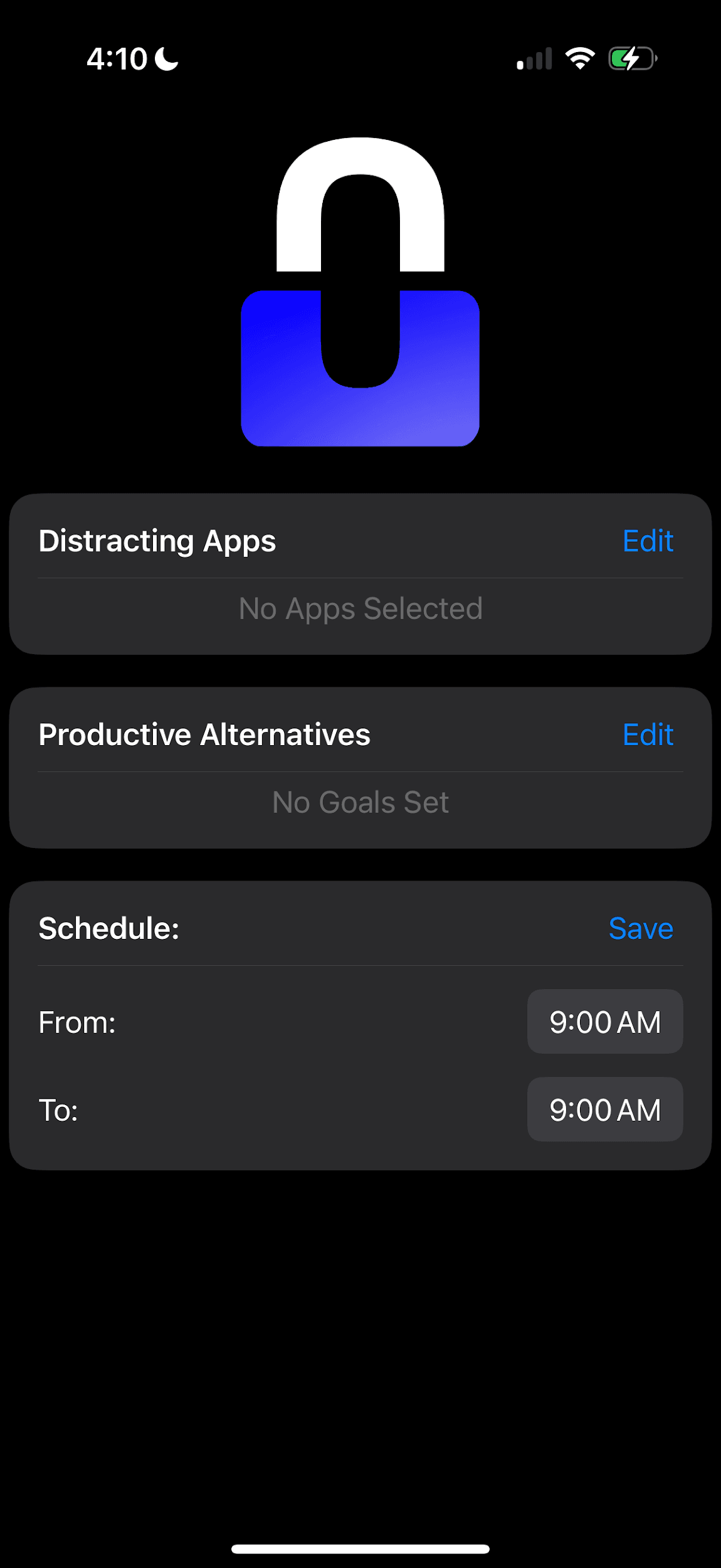 UBlock home screen with empty Distracting Apps, Productive Alternatives and Schedule cards