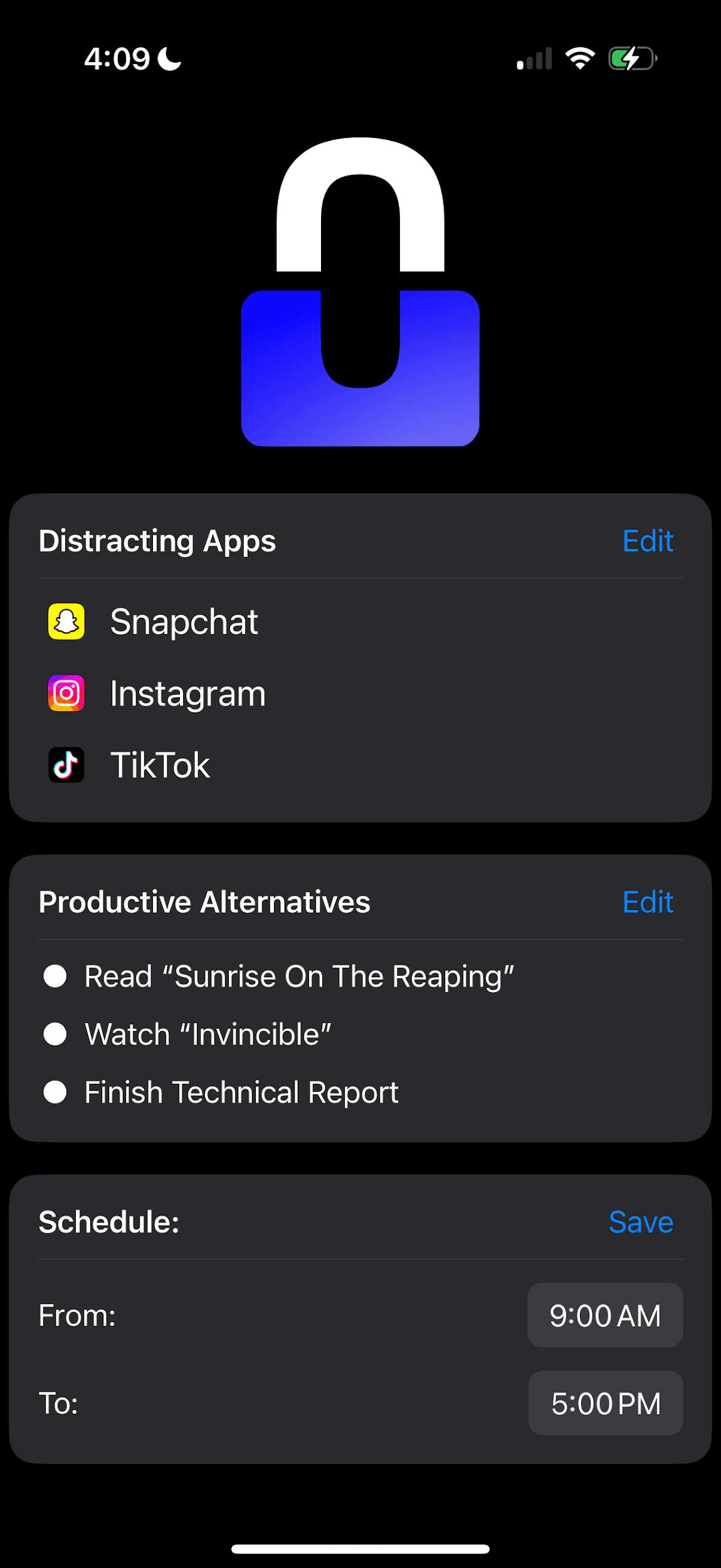 UBlock home screen listing Snapchat, Instagram and TikTok as distracting apps, three goals, and a 9-to-5 schedule