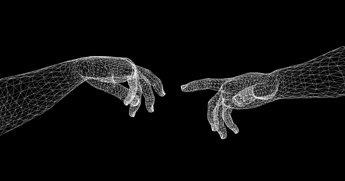 The Open Graph card: two hands reaching toward one another, drawn as a white wireframe mesh on black