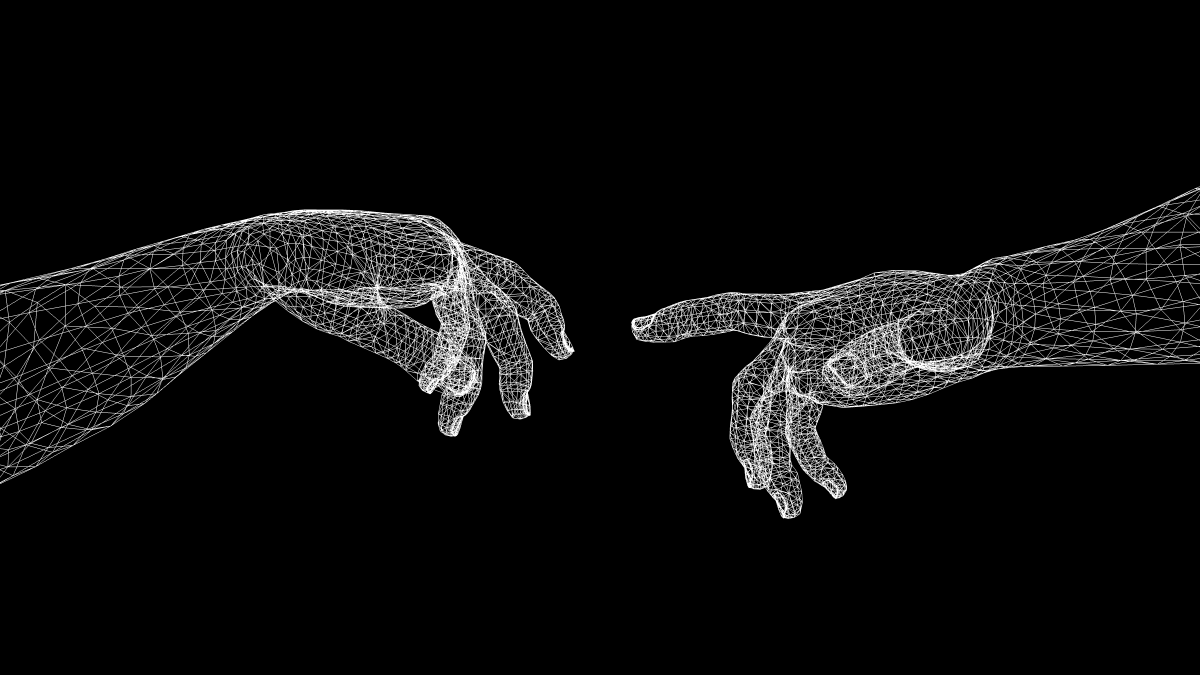 The X card card: two hands reaching toward one another, drawn as a white wireframe mesh on black